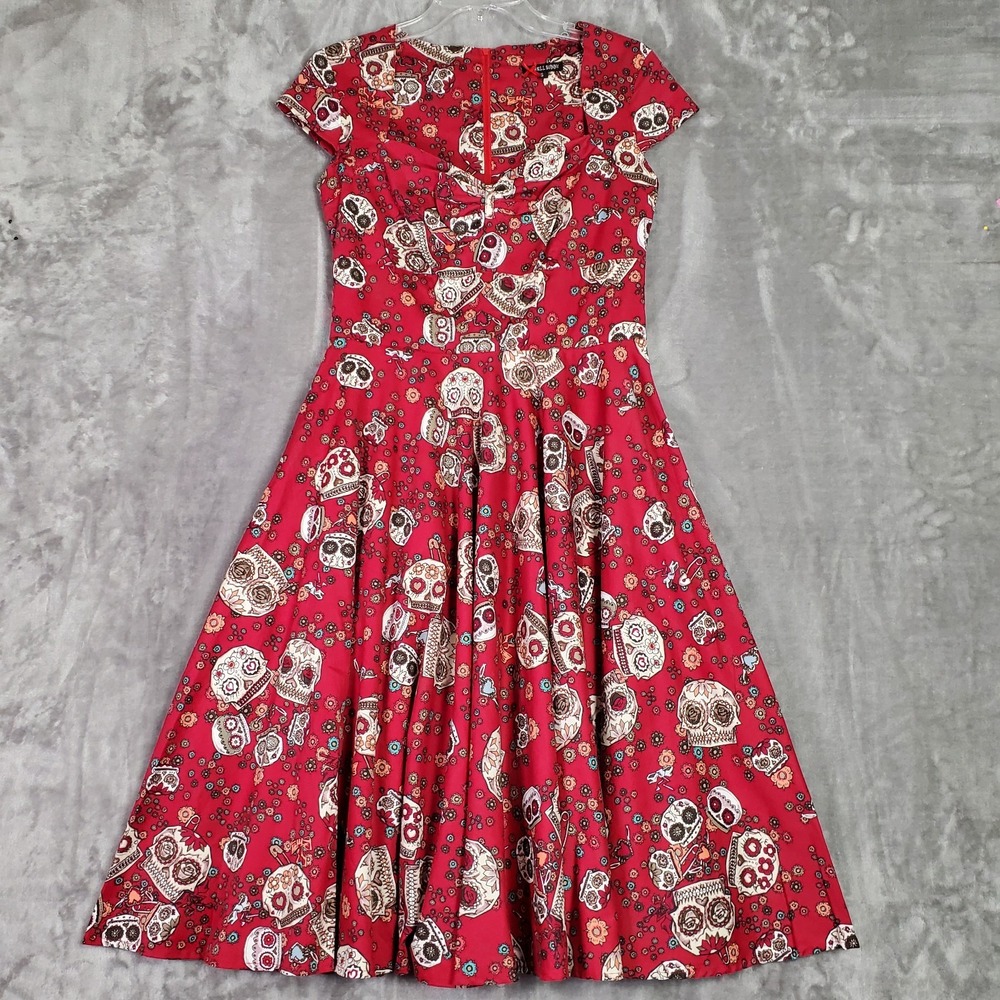 Hell Bunny Dress Womens S Red Sugar Skull Knee Length Gothic Rockabilly Pinup